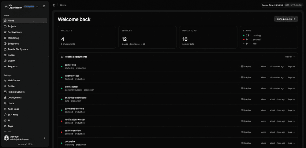 Dokploy dashboard