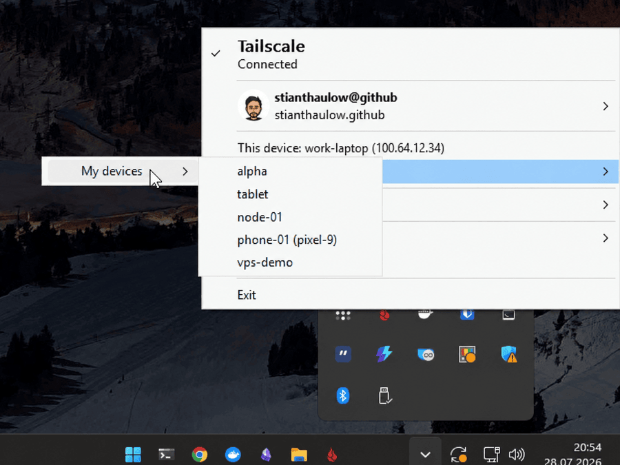 Tailscale tray menu on Windows
